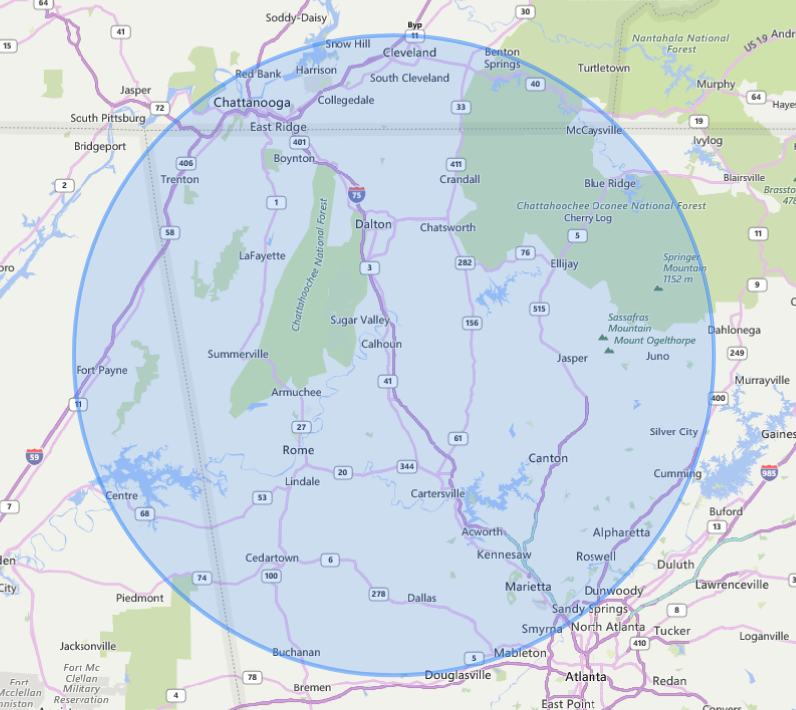 50 mile radius map from Calhoun, GA